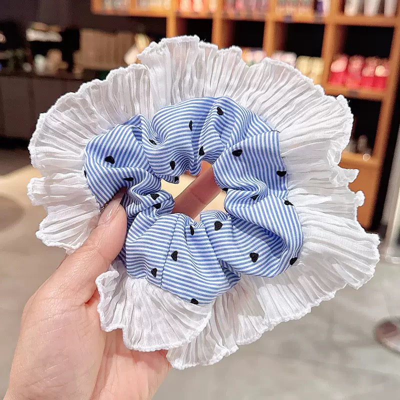Blue Stripey Ruffle Scrunchie
