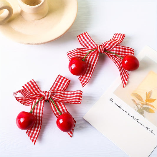 2pcs/set Cute Cherry Hair Clips Mixed Color Bowknot Hair Accessories Lovely Dot Bow Decorative Headwear For Baby Girls