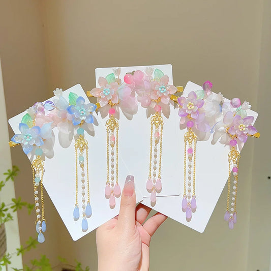 2pcs Flower Hair Clips for Girls Tassel Pendant Hairpin Chinese Style Vintage Hanfu Children Headwear Hair Accessories Gifts