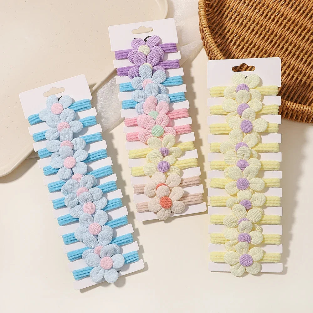 10pcs Cute Girls Nylon Flower Hair Ties Candy Elastic Bow Hair Bands Pigtails Hair Rope Rubber Hair Gum Scrunchies Accessories