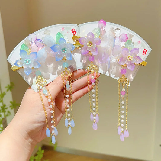 2pcs Flower Hair Clips for Girls Tassel Pendant Hairpin Chinese Style Vintage Hanfu Children Headwear Hair Accessories Gifts