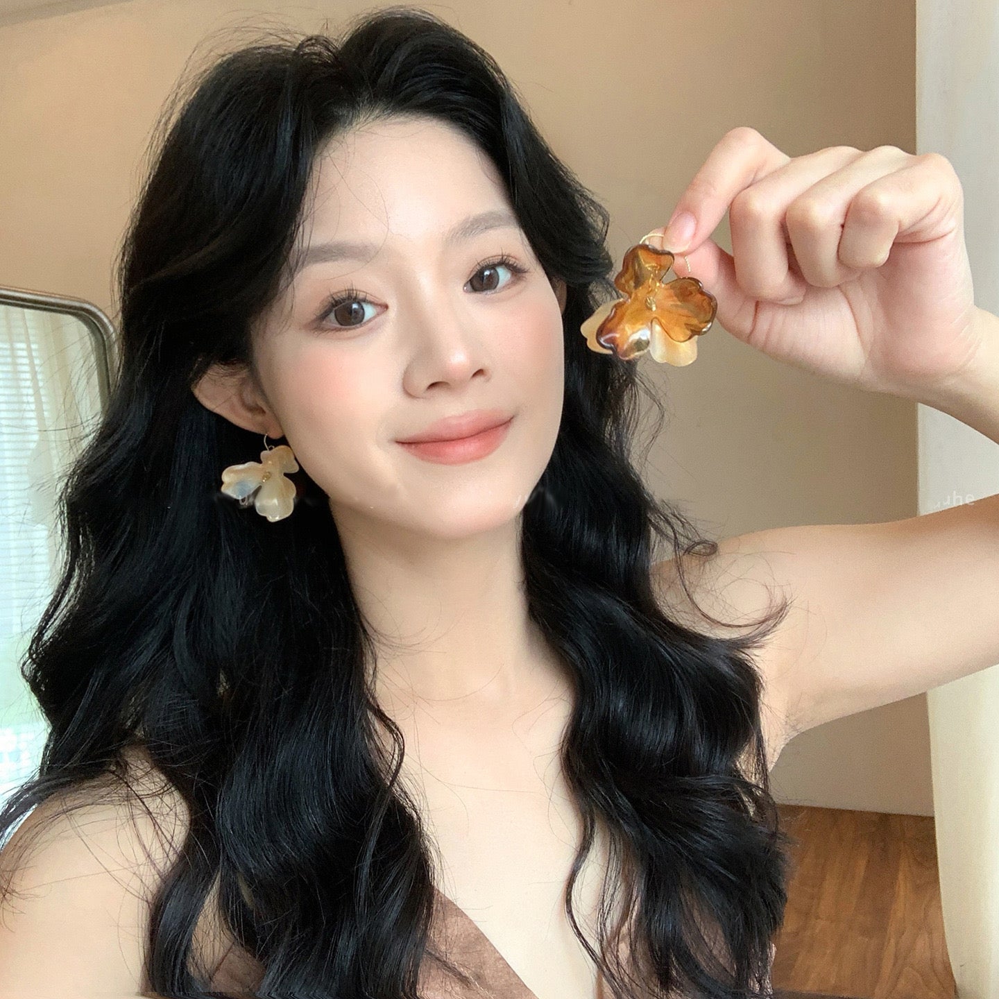 Amber n Ivory Flower Earrings