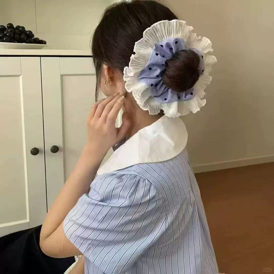 Blue Stripey Ruffle Scrunchie
