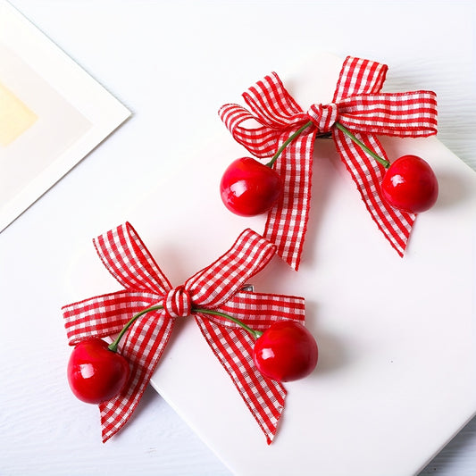 2pcs/set Cute Cherry Hair Clips Mixed Color Bowknot Hair Accessories Lovely Dot Bow Decorative Headwear For Baby Girls